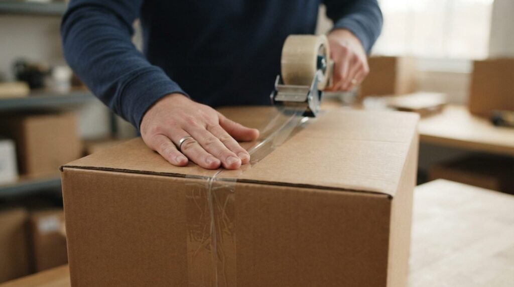Close-up detailed shot of hands carefully sealing a cardboar