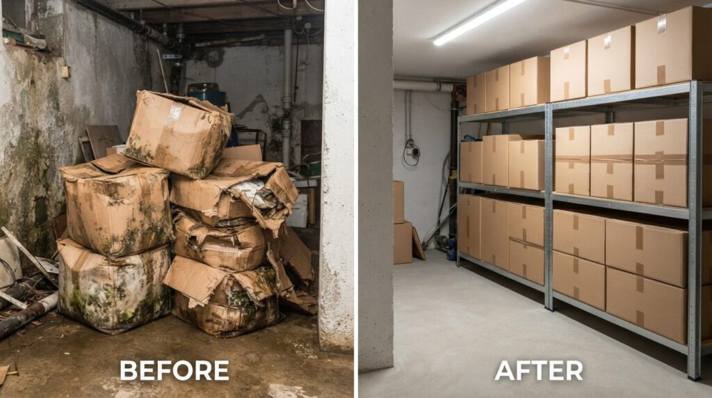 Before and after comparison style image of basement storage: