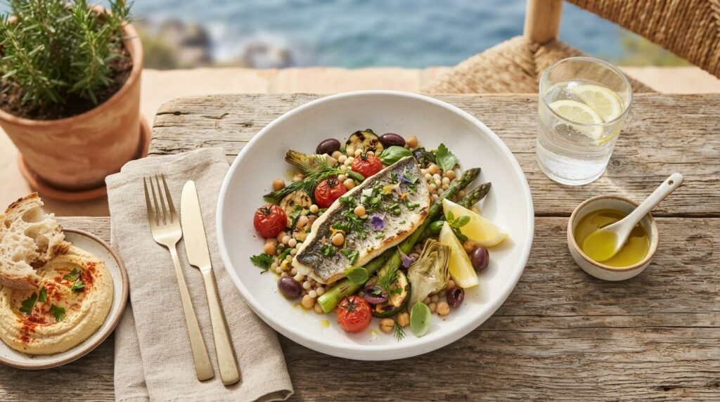Overhead flat lay photograph of a fresh, beautifully plated