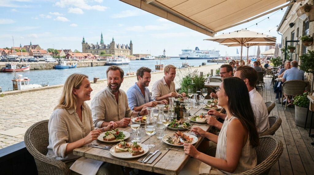 Wide shot of a relaxed group of people enjoying a meal toget
