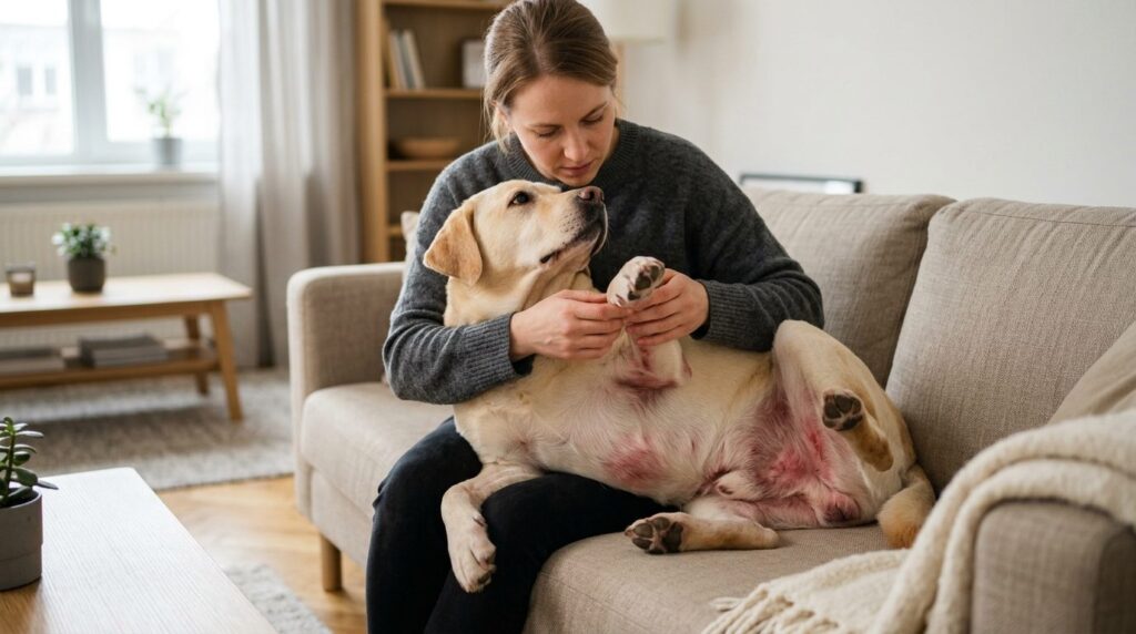 Photorealistic stock image, 16:9 format: Dog owner examining