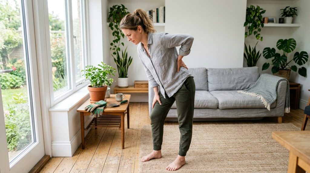 Woman in casual home setting stretching her lower back after