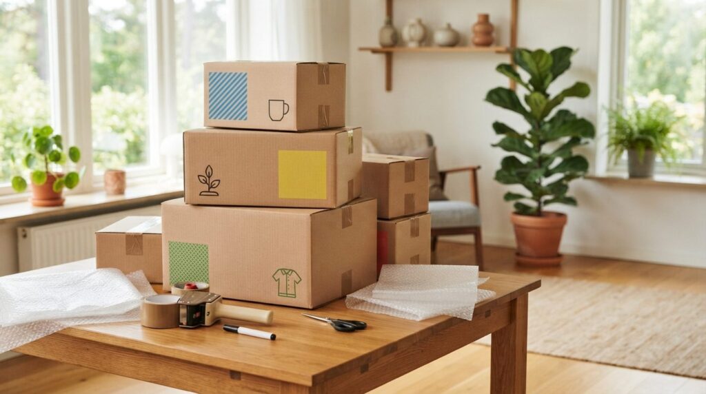 Close-up stock photo of organized moving boxes labeled with