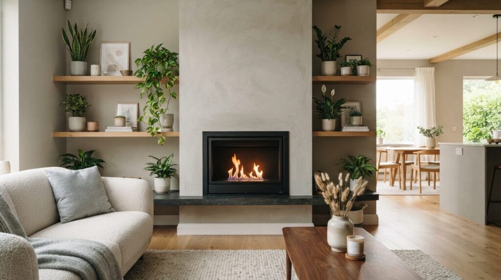Serene home interior shot of a contemporary bioethanol firep