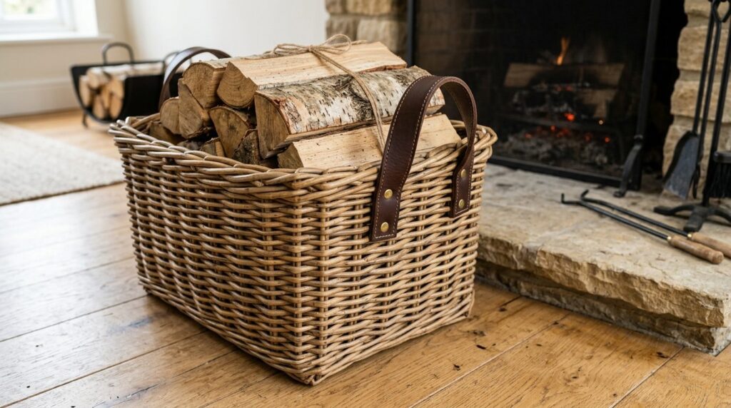 Close-up product photograph of a premium woven wicker firewo