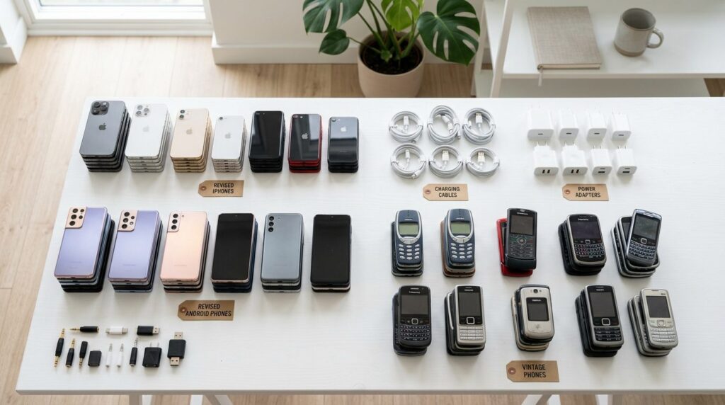 Flat lay professional stock photo of categorized piles of re