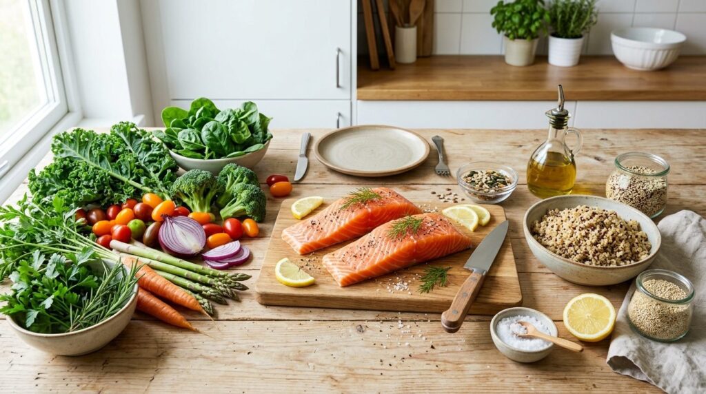 Photorealistic overhead view of a nutritious meal preparatio
