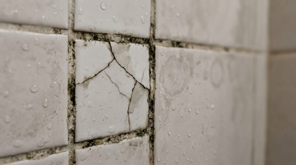 Close-up macro photography of bathroom damage indicators: cr