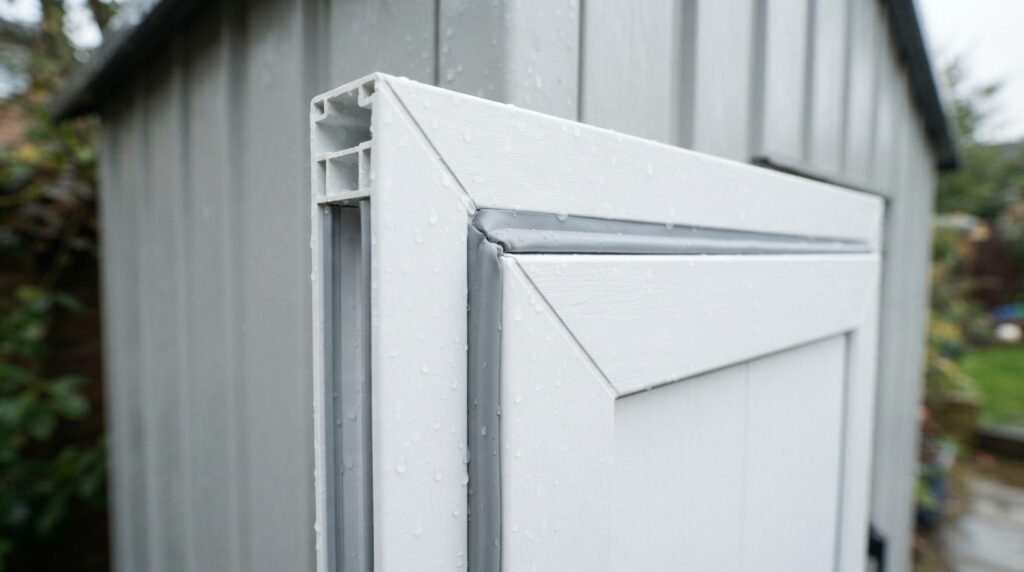 Close-up detail shot of white maintenance-free PVC shed door