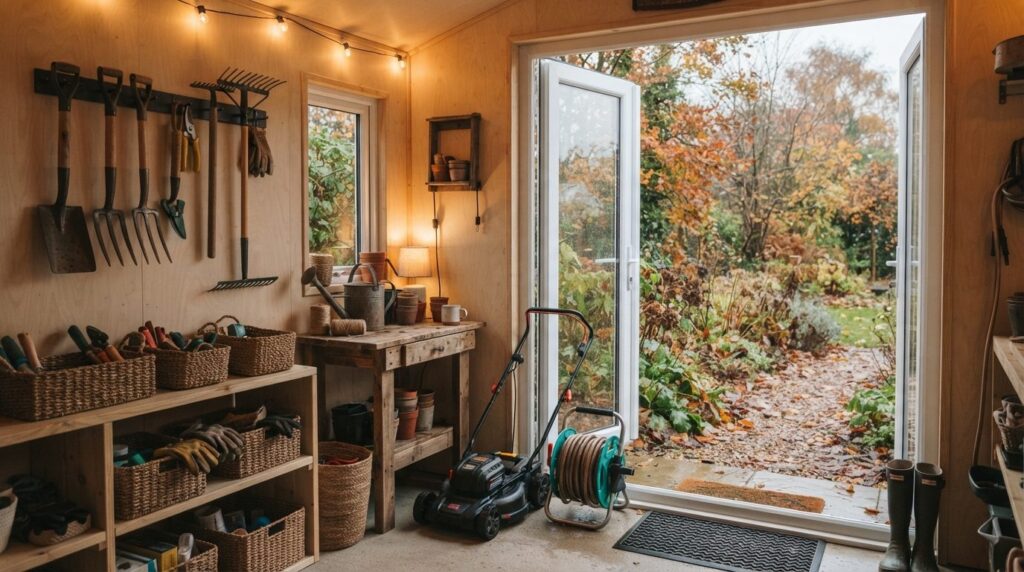 Cozy autumn scene of an organized garden shed interior with