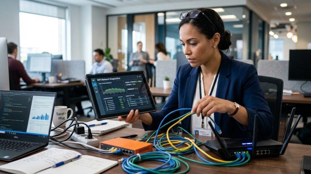 Close-up of IT consultant analyzing network equipment and ca