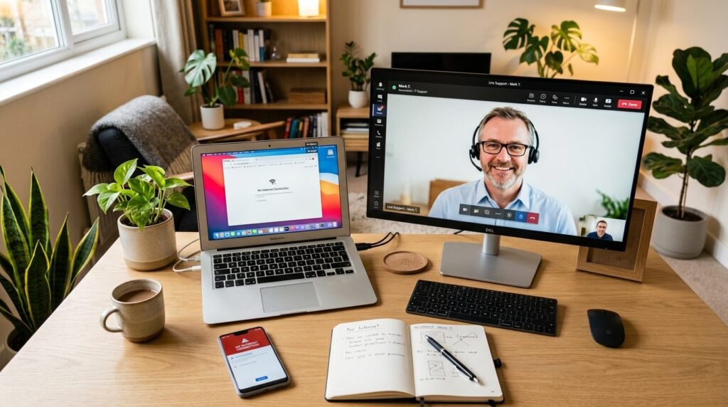 Overhead view of home office desk with laptop, smartphone sh