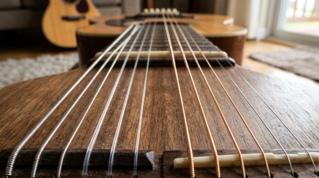 Close-up photorealistic image of nylon guitar strings versus