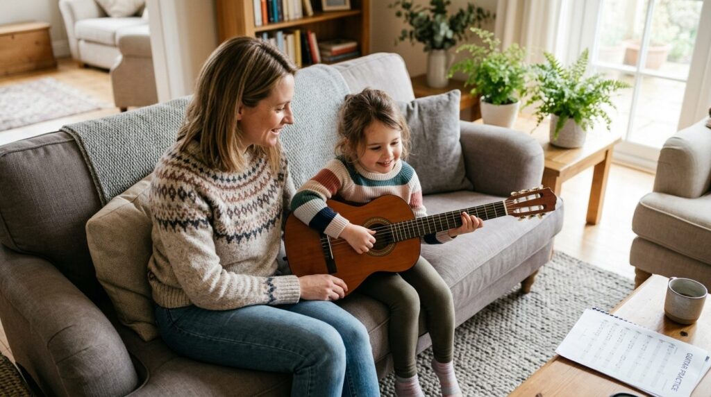 Overhead view of a parent and child sitting together in a co
