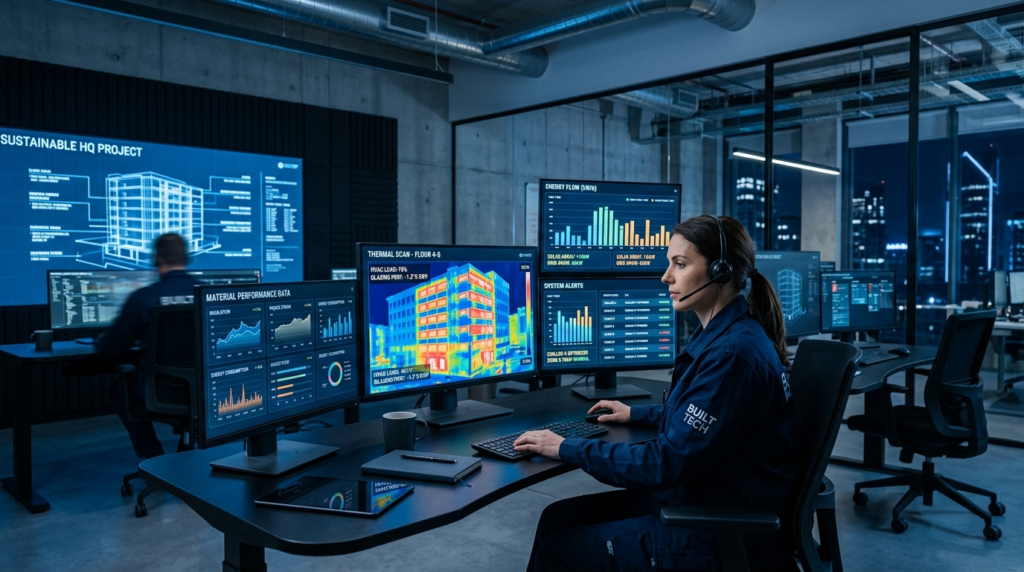 Modern smart building control room with technician monitorin