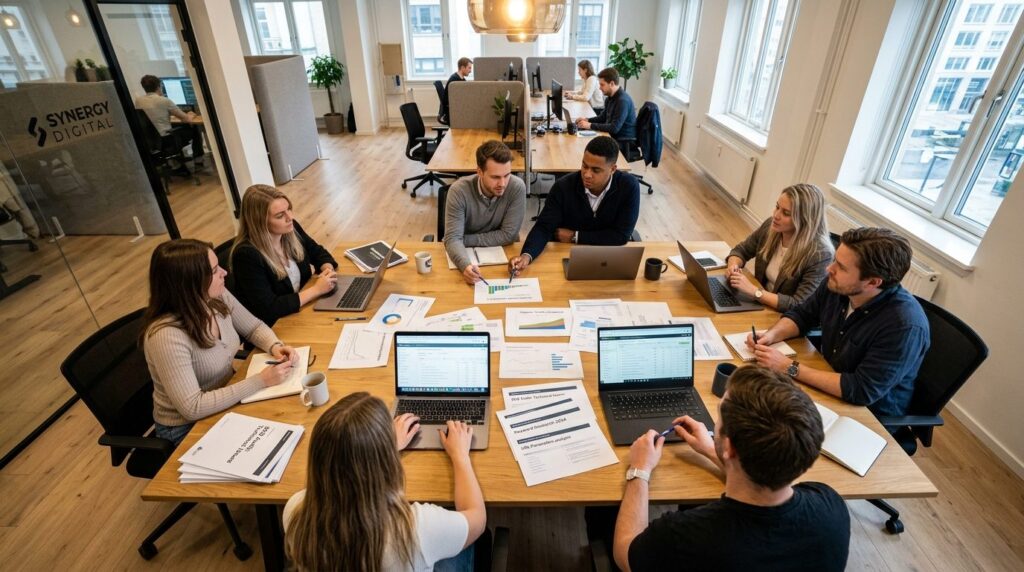 Birds eye view of a team of SEO specialists collaborating a