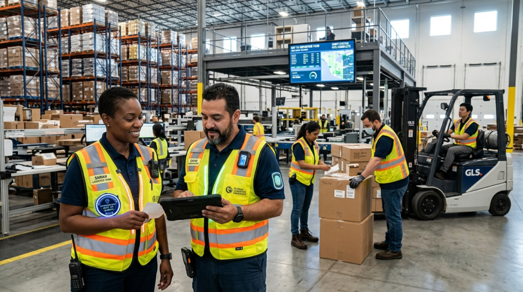 Diverse team of logistics and transport workers in a warehou