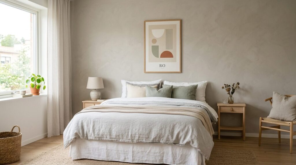 Bright Scandinavian bedroom interior featuring a 50x70 cm po