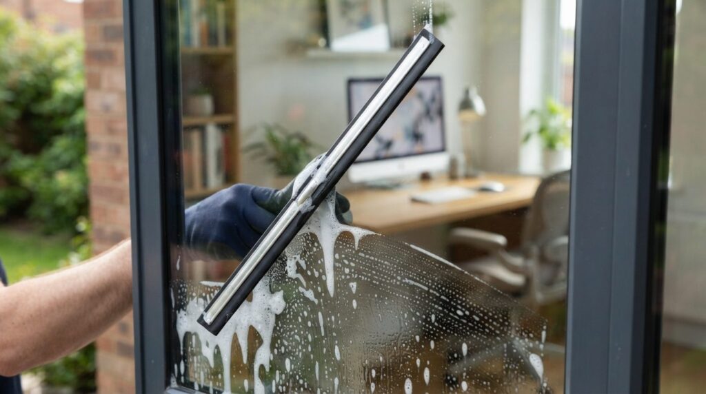 Close-up of a professional window cleaning squeegee removing