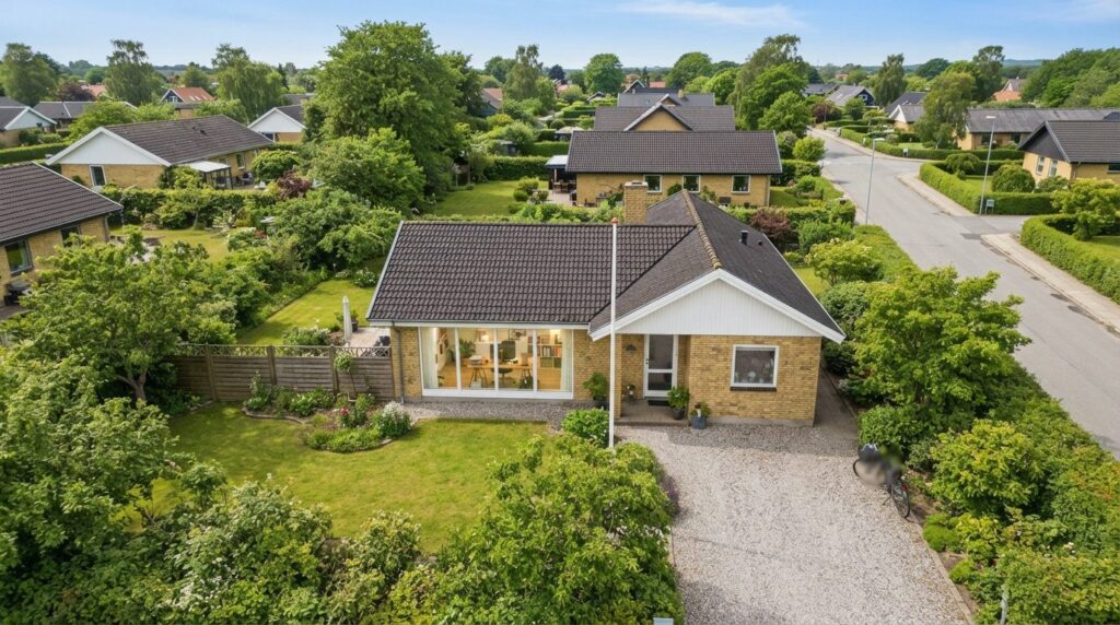 Aerial view of a Danish residential home with a small home-b