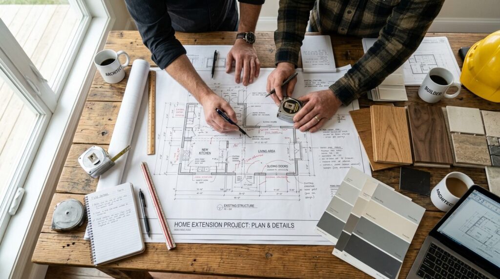 Close-up overhead view of architect and contractor reviewing