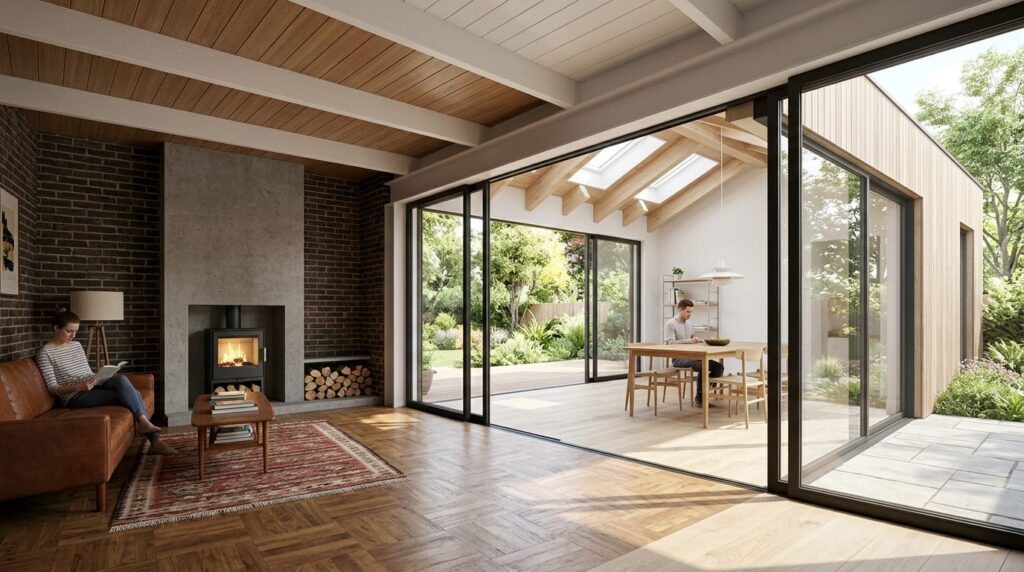 Interior perspective rendering showing the junction between