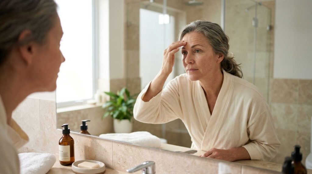 Woman looking in bathroom mirror with natural morning light,
