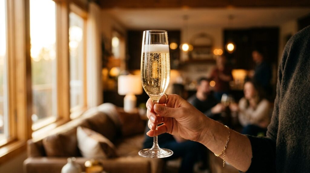 Close-up shot of a womans hand holding a champagne flute at