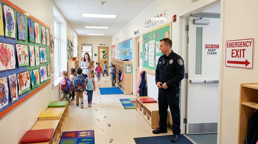 Interior view of a kindergarten hallway with emergency exit