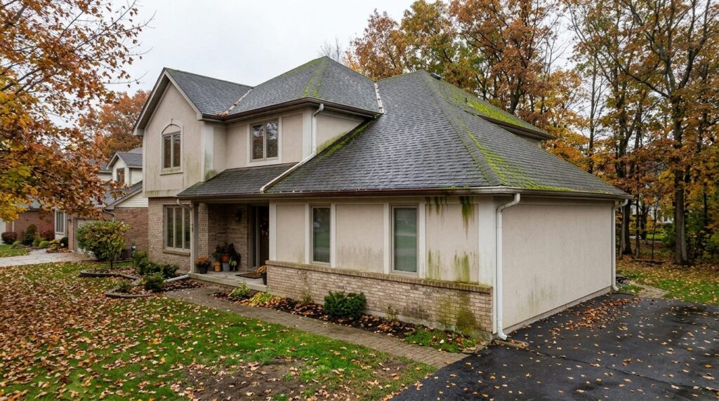 Wide shot of residential property exterior in fall season wi
