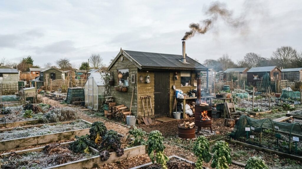 Wide angle view of a garden shed or allotment with a kinafyr