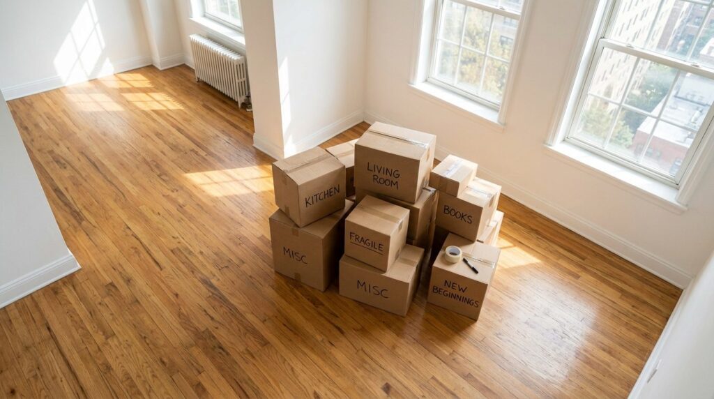 Photorealistic overhead shot of a moving boxes stacked in a