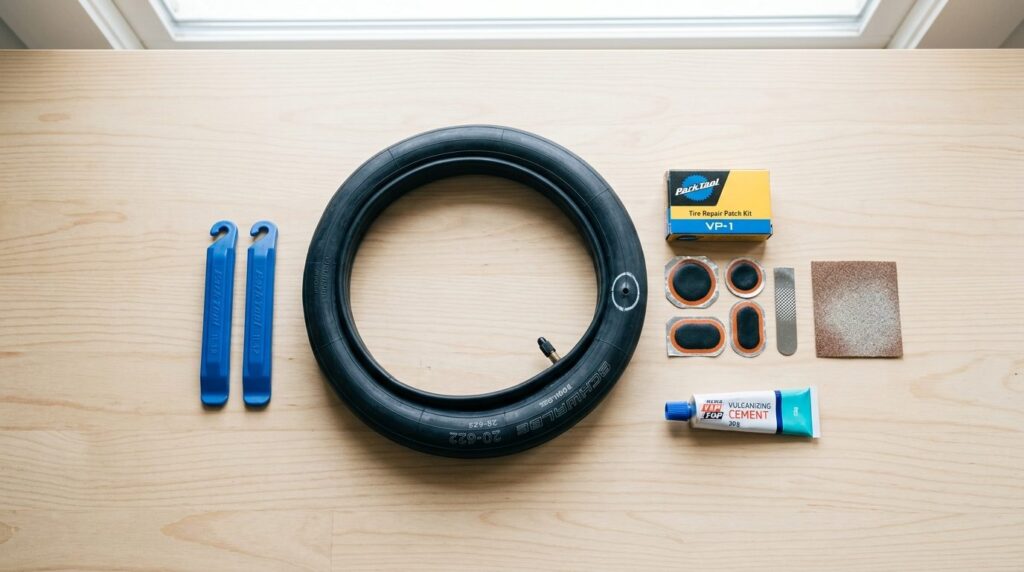 Flat lay composition of tire repair supplies arranged on a l