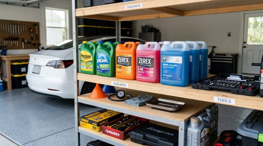 Organized garage scene showing various coolant bottles in di