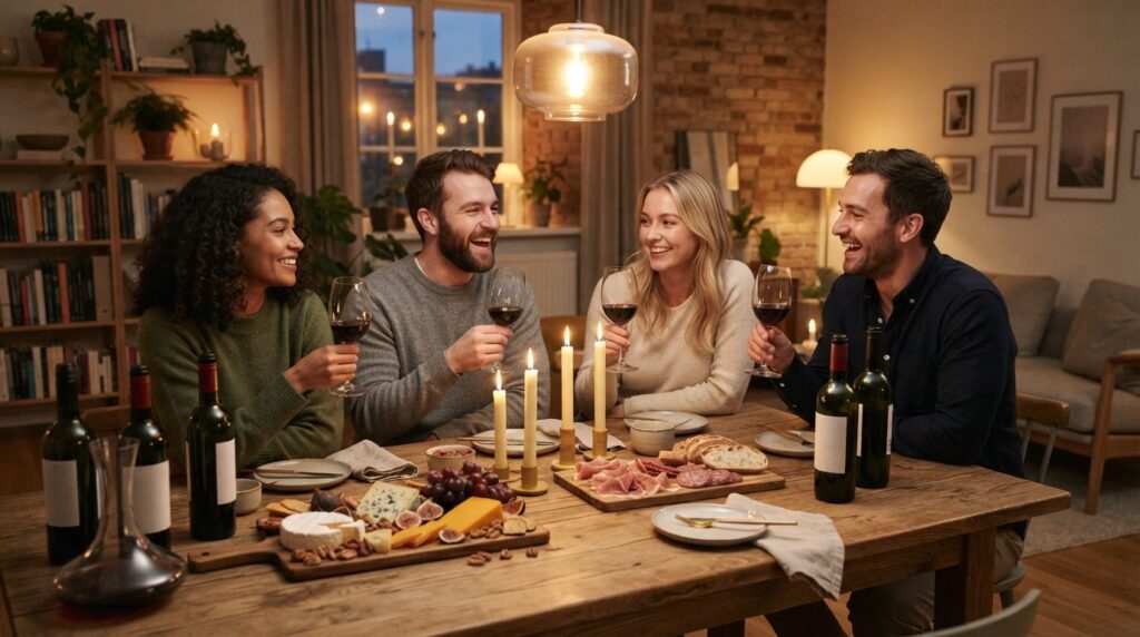 Cozy home wine tasting scene with four friends gathered arou
