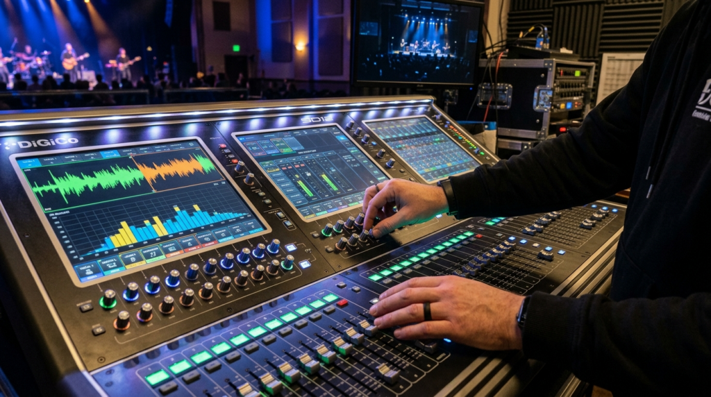 Close-up of professional audio technicians hands adjusting 
