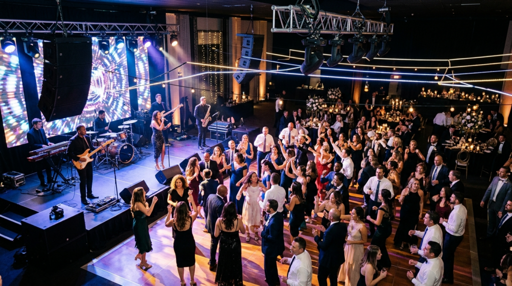 Aerial view of wedding reception dance floor during live ban