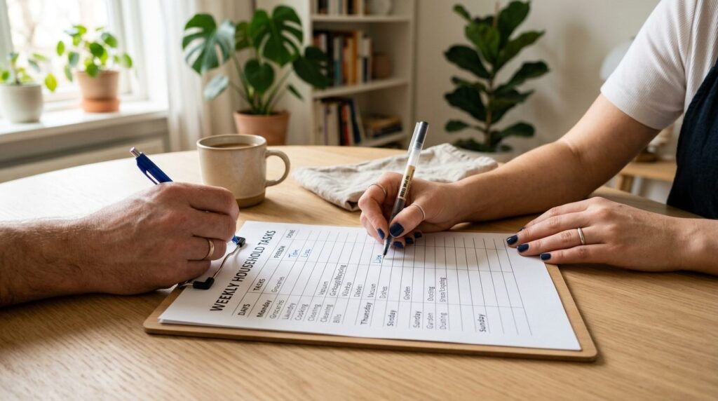 Photorealistic stock photo of two hands writing together on 