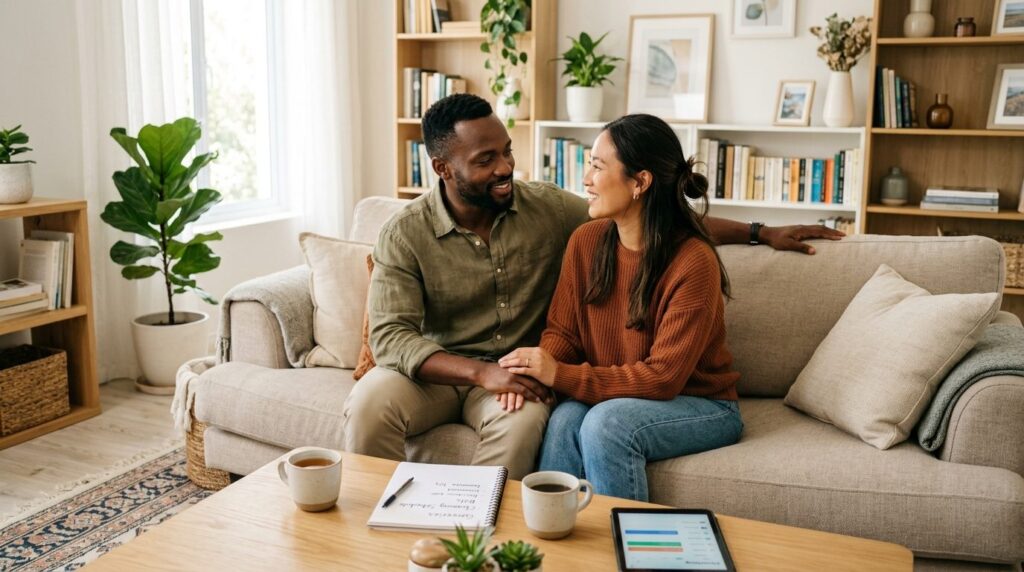 Photorealistic stock photo of a diverse couple in a bright, 