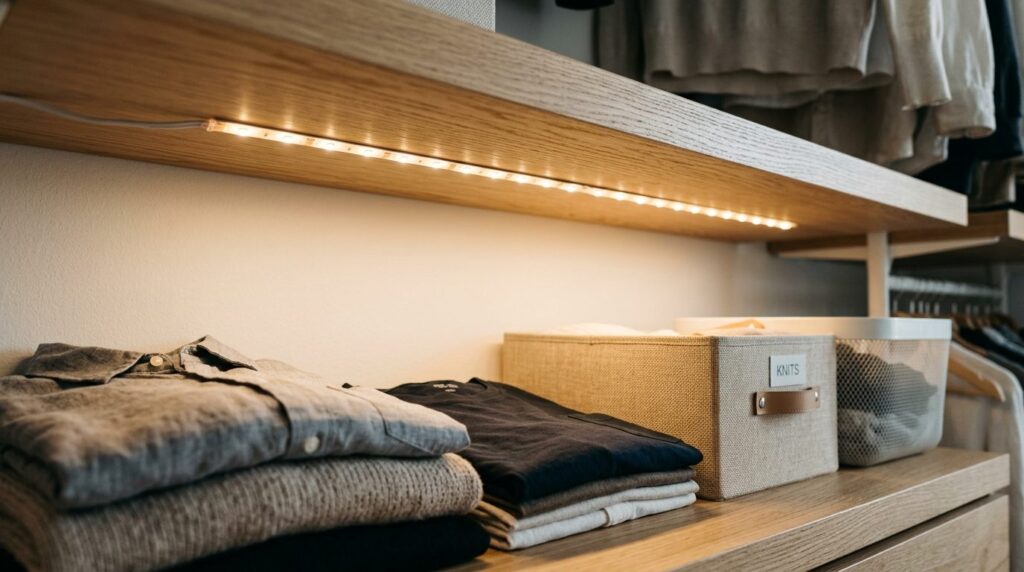 Close-up detail shot of RGB LED strip lights installed under