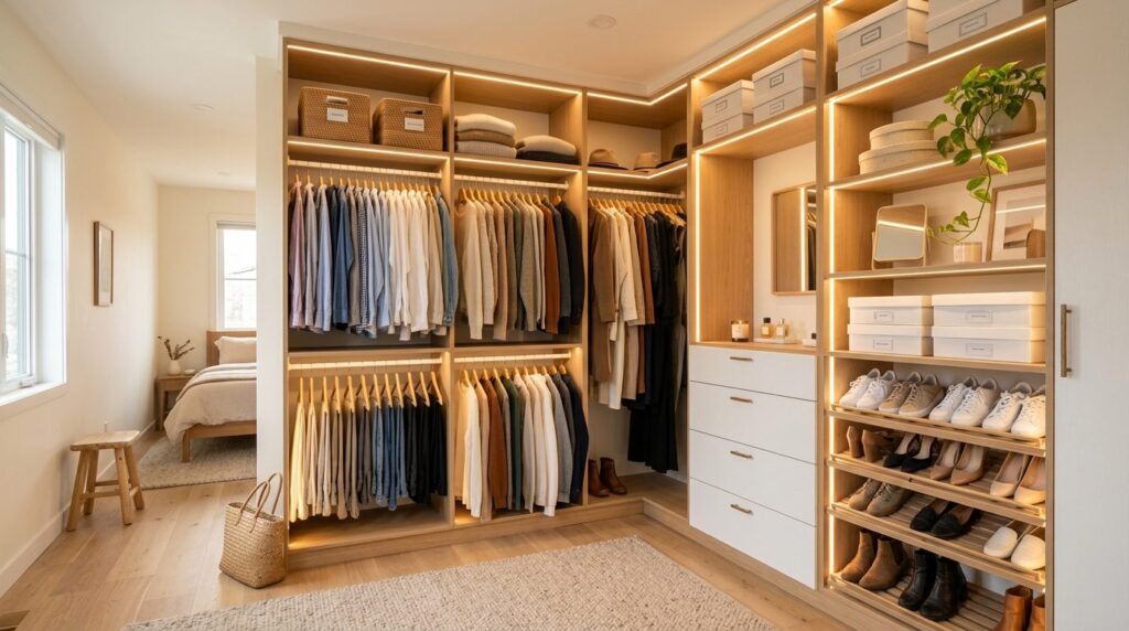 Wide angle view of a bright, well-lit bedroom closet corner