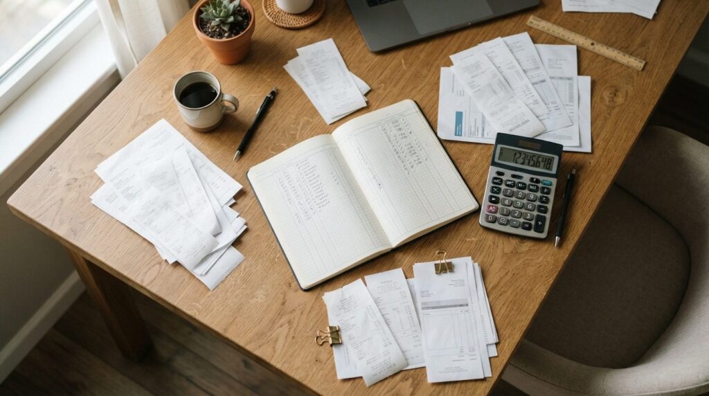 Close-up overhead view of organized home office desk with in