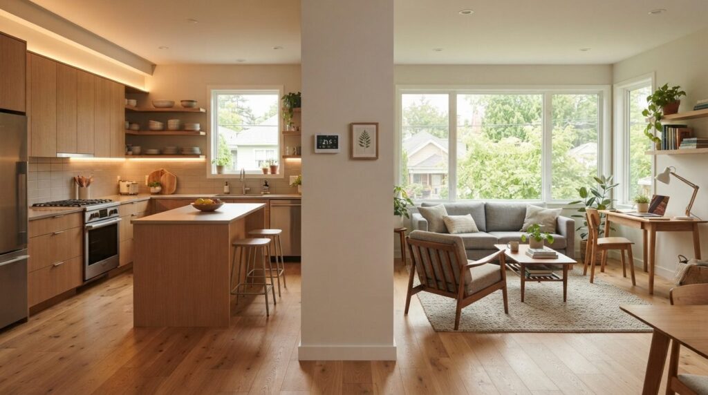 Modern kitchen and living room interior with energy-efficien