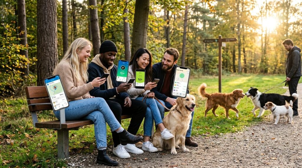 Group of young dog owners sitting on a bench in a modern Dan