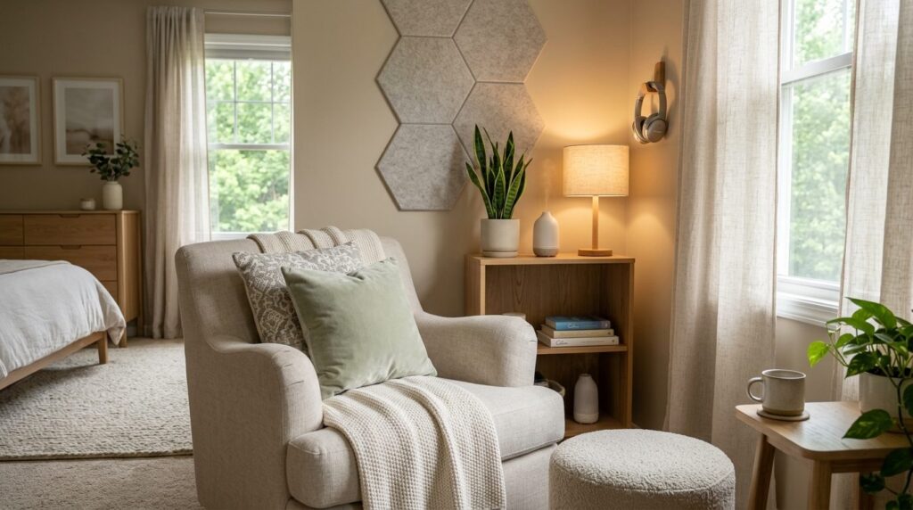 Well-organized sensory retreat corner in home bedroom, soft
