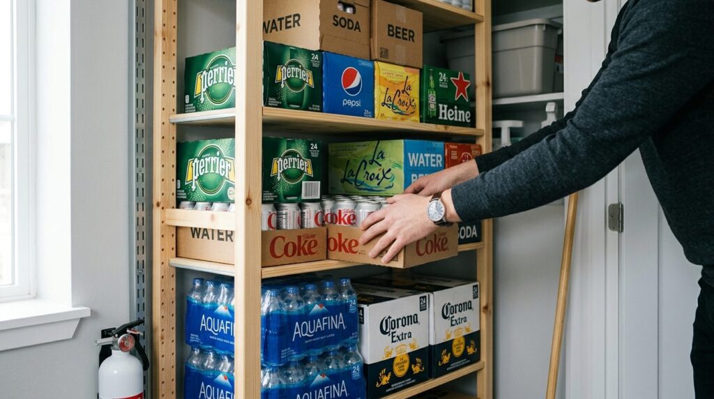 Close-up professional shot of neatly stacked bulk beverage c