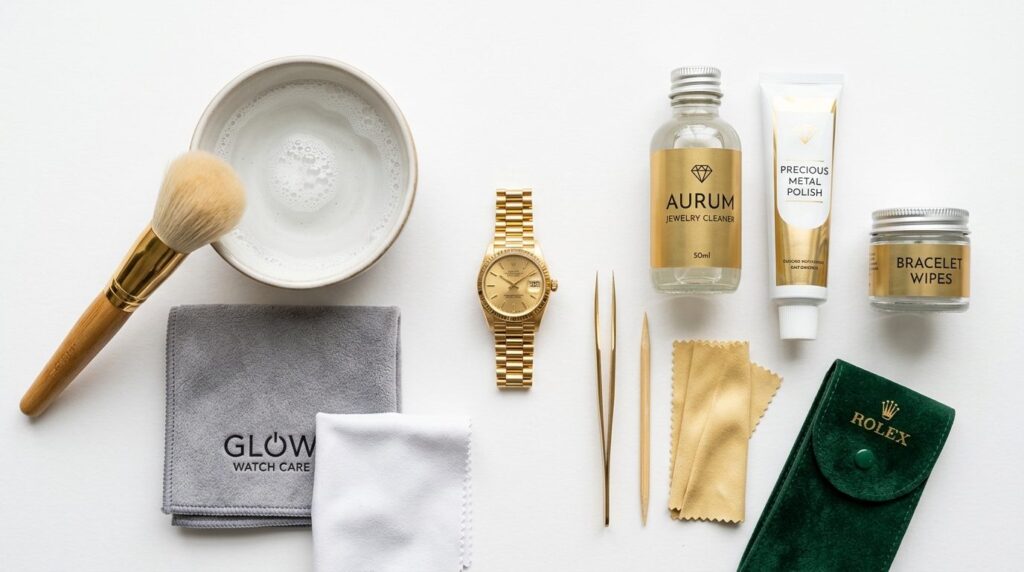 Flat lay overhead view of gold womens watch cleaning suppli