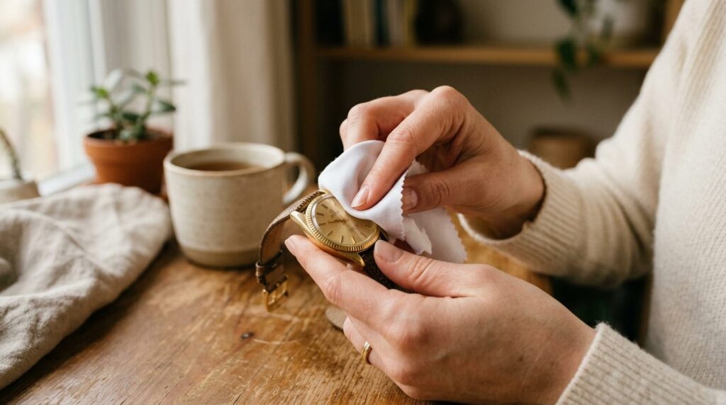 Close-up detail of womans hands delicately cleaning a gold-