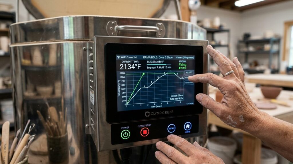 Close-up detailed view of a smart kiln control interface wit