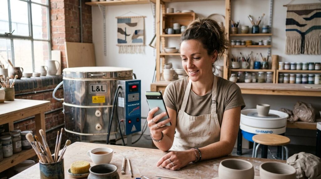Contemporary ceramic studio workspace showing a hobbyist pot